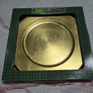 HOLIDAY TIME SET OF 4 GOLD CHARGER PLATE HOLDERS